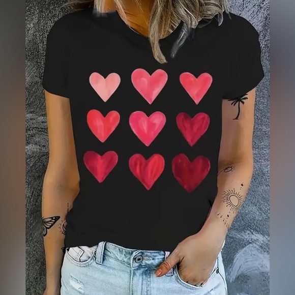 New 100% Cotton Heart Short Sleeve Graphic Tee Black Red Pink T-shirt - Picture 1 of 15